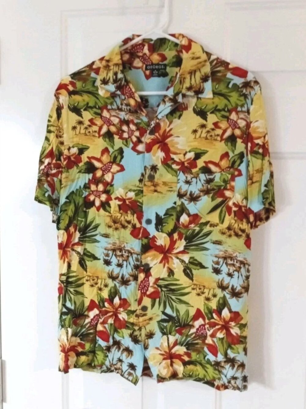 George Tropical Hawaiian Button Up Shirt Mens M 38-40 Short Sleeve 100% Rayon